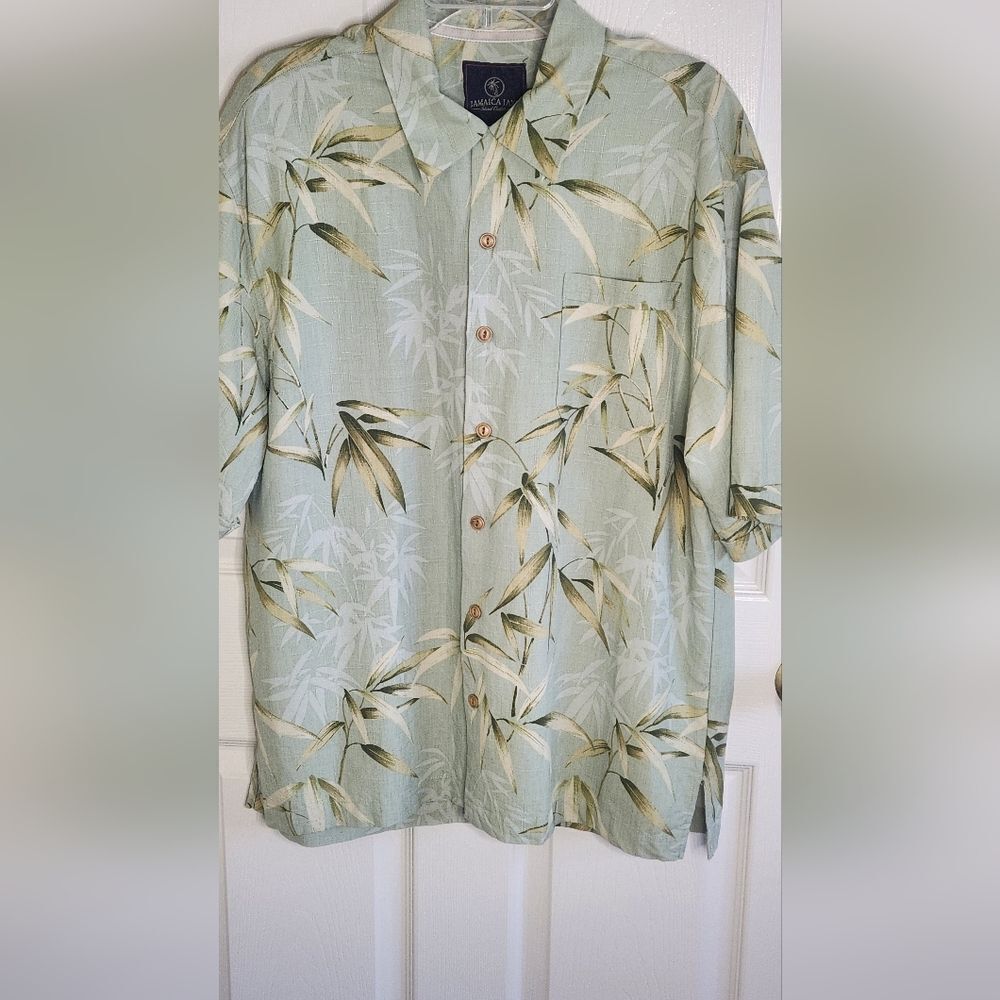 Jamaica Jaxx XL Hawaiian Green 100% SILK Leafs Print Shslv Buttons Up Men Shirt